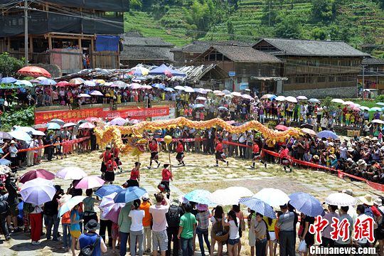 圖為當?shù)丶t瑤民眾舞起長龍祈求風調(diào)雨順。中新社發(fā) 韋吉陽 攝