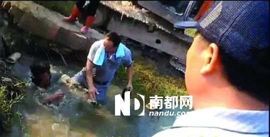 男子沒入水塘后試圖反抗，遭戴黑帽男子毆打。視頻截圖