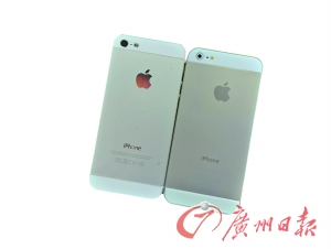 從背面看，真蘋(píng)果手機(jī)（左）的攝像頭要大一點(diǎn)，而且蘋(píng)果的Logo比較光亮，容易反光。