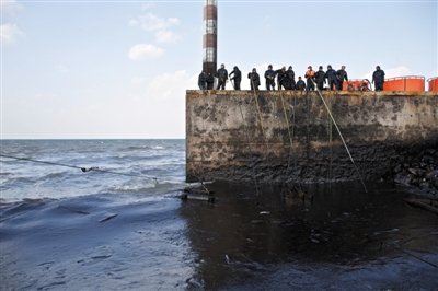 昨日，山東青島，清污人員正在海邊清理油污。