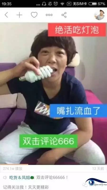 “吃貨鳳姐”直播吃燈泡。