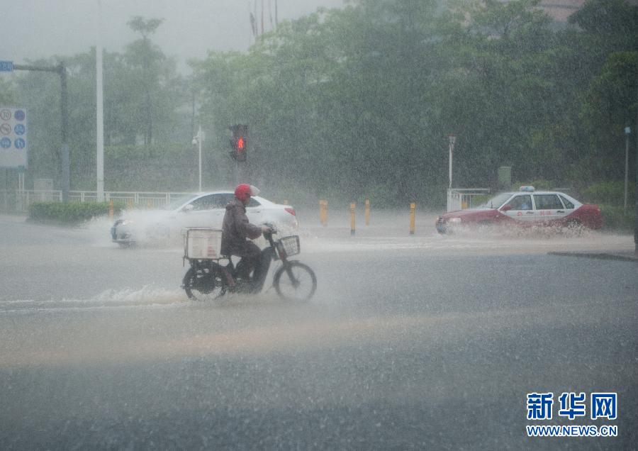 5月11日，車輛在深圳西麗留仙大道涉水前行。