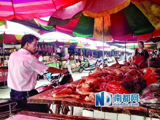  昨日，玉林垌口市場，一位市民在購買狗肉。