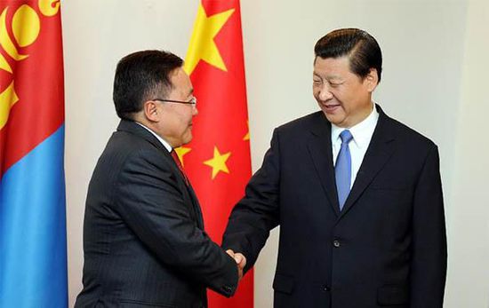 去年9月12日，國家主席習近平在比什凱克會見蒙古國總統(tǒng)額勒貝格道爾吉。 新華社記者謝環(huán)馳攝