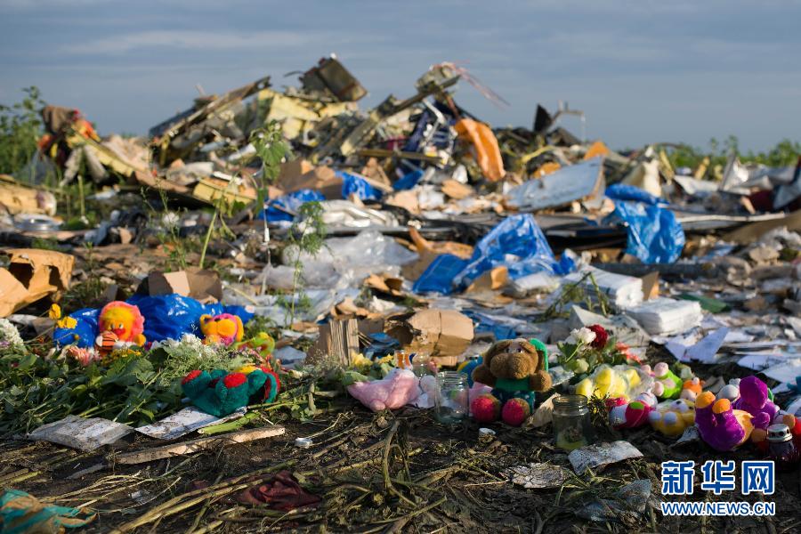 7月19日,在烏克蘭頓涅茨克州拉瑟普諾耶村附近,人們將玩具擺放在馬航MH17航班墜機(jī)現(xiàn)場。