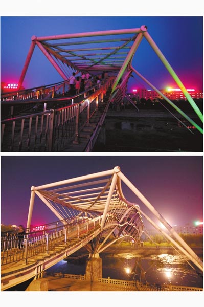 花園路西側(cè)東風渠景觀橋，上圖攝于7月31日晚間，下圖攝于10月9日晚間。