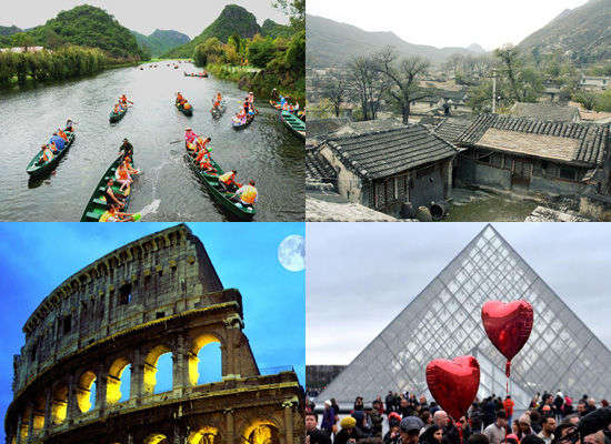 被電視真人秀帶火的旅游景點(diǎn)。左上:云南普者黑;右上:北京靈水村;左下:意大利羅馬;右下:法國(guó)巴黎。